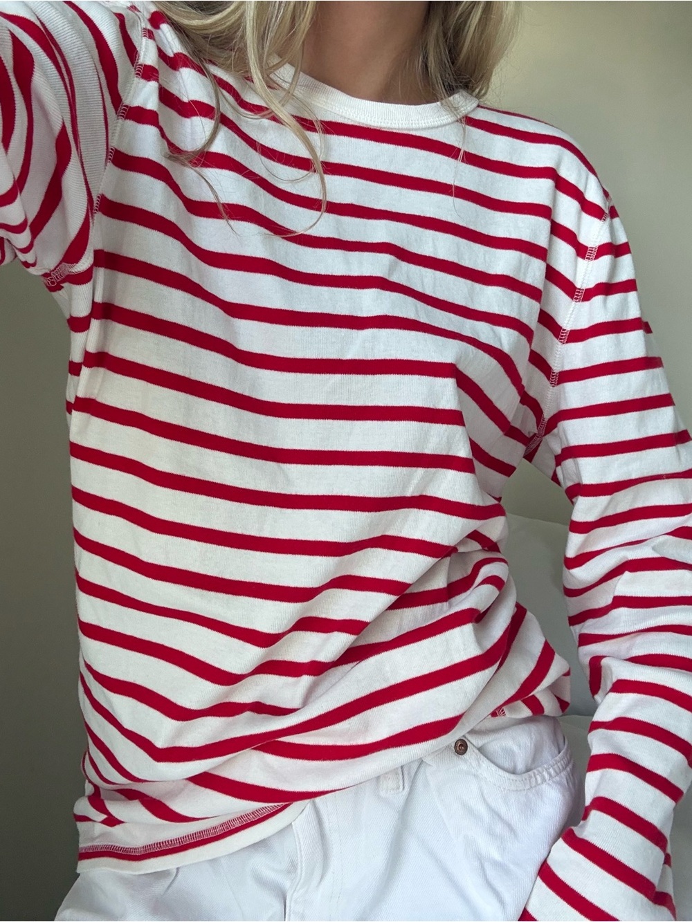 100% cotton Red & White Striped Long-Sleeve Tee thick material